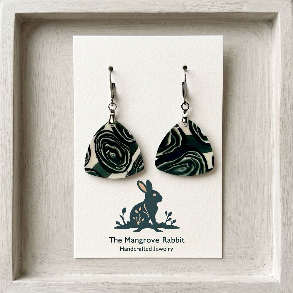 Handmade Polymer Clay Dangle Earrings Black & White Rose Triangle SS Lever back - Picture 3 of 9